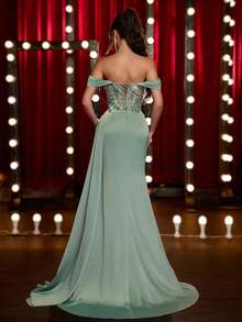 Glamrae Elegant Luxurious Green Lace Sequin Patchwork Satin Handmade Applique Sexy Slit Fishtail Skirt With Draped Hem, Suitable For Parties, Galas, Formal Occasions - Grass Green - View 6