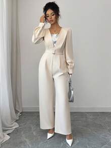 Selianne Bộ đồ liền thân chắp vá sequin thanh lịch dành cho nữ, thắt eo, mùa thu - Màu be - Xem 5