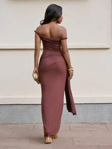 Yess Loren Women's Summer Sexy Solid Color Asymmetric Neckline Dress Drop Waist Dress - Rust Brown - View 2