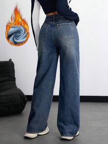 SHEIN EZwear 保暖内衬口袋休闲感恩节圣诞节直筒牛仔裤 - 深色水洗藍 - 查看 2