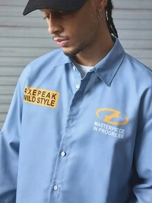 AXEPEAK 休闲街头宽松短款长袖男士衬衫，秋季 - 霧霾藍 - 查看 6