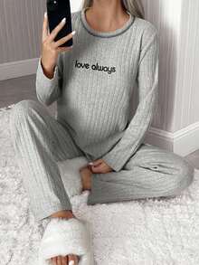 EURMUSE Women Rib Knit With Contrast Colour Stitch Detail Lettered Homewear Lounge Set For Ladies - Grey - View 6