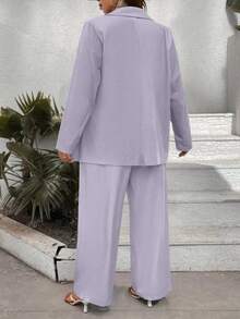 Elenzga Plus Size Women's Solid Color Single-Button Blazer & Pants Suit - Mauve Purple - View 2
