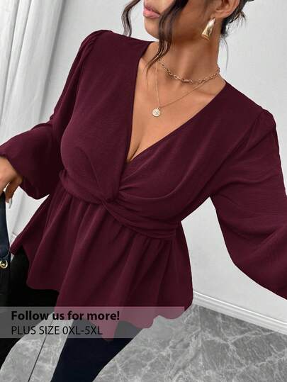 Firerie Plus Size Casual T-shirt med långärmad kant, Grön