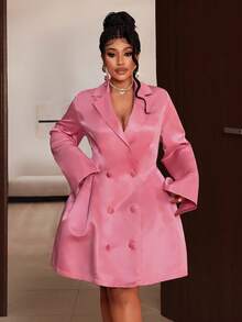 Maweii 大码女式纯色翻领长袖双排扣优雅连衣裙 - 珊瑚粉 - 查看 1