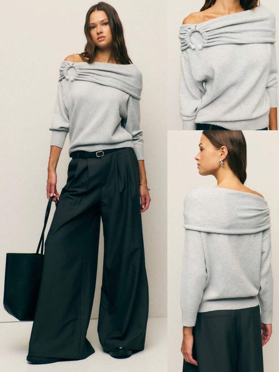 Nöista 露肩灰色针织衫 这款精致的灰色针织衫采用优雅的露肩设计，并饰有褶皱环纹细节。柔软、保暖、充满女性魅力——是秋冬季女士的理想之选，可轻松搭配修身裤装或半裙，打造永不过时的现代造型。 - 灰色 - 查看 1