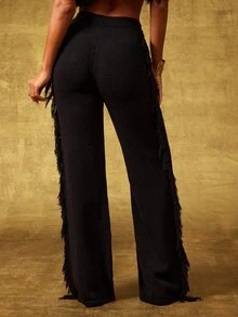 Vixey Black Fringe Detail Solid Knit Wide Leg Pants - Black - View 4