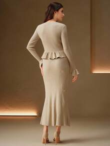 Anewsta Women's Elegant V-Neck Ruffle Hem Knit Dress, Autumn/Winter - Apricot - View 7