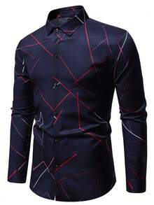 Manfinity Mode Navy Blue Patterned Casual Dress Shirt, Suitable For Daily Wear, Boyfriend Gift, Business Casual, Fall