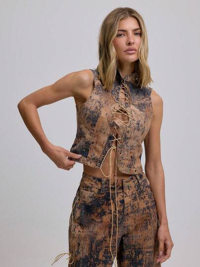 MUSERA 高领系带修身牛仔奶牛印花无袖上衣，适合夏季节日度假，可爱性感，适合春季伊比沙岛西部乡村音乐会、锐舞派对等场合，时尚百搭。