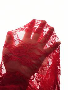 SHEIN ICON Y2k 女款西部乡村音乐会波西米亚嬉皮哥特风透明酒红色性感蕾丝扭纹前长袖开衫 - 紅色 - 查看 7