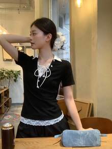 DAZY 女士拼色短袖休闲T恤 - 黑色 - 查看 8