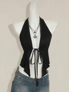 SHEIN ICON Y2K 休闲哥特风黑色性感纯色露背系带无袖上衣 - 黑色 - 查看 10