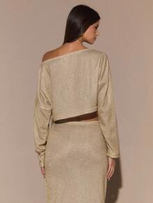 SHEIN BAE Damska jednokolorowa metaliczna, brokatowa, złota/srebrna dzianina z długim rękawem i obszernym, skośnym dekoltem na ramiona, elegancka narzutka na przyjęcie koktajlowe, do klubu, na święta Y2K, dla dziewczyn z klasą, na wakacje