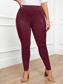 Miaspire Plus Size Women's PU Leather Splice Leggings,Fall/Winter - Burgundy - View 4