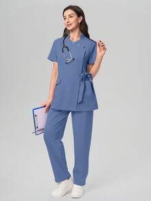 Scrubzie Anti-Wrinkle Short Sleeve Tie-Up Long Shirt And Long Pants Scrub Uniform Set - Blue - View 8