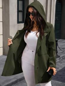 EMERY ROSE 秋冬大码女式纯色长袖口袋抽绳连帽风衣 - 軍綠色 - 查看 7