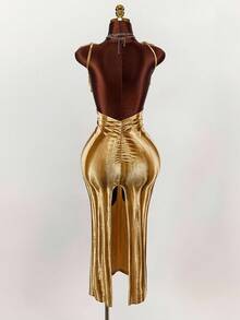 Y2K Amplova 复古浪漫大领口细肩带蝴蝶结露背褶皱高开衩修身长裙 金色鸡尾酒礼服 金色服装 金色套装 女装 - 金色 - 查看 2