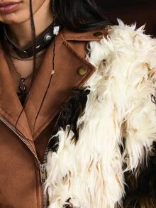 Easelle 女士时尚人造毛皮和 PU 撞色短款飞行员夹克