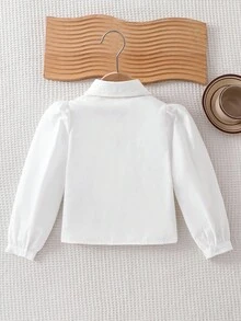 BASICS 年轻女孩休闲百搭舒适泡泡袖翻领宽松纯色梭织衬衫 - 白色 - 查看 2