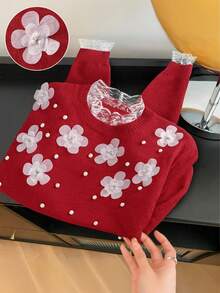 SHEIN LUNE Elegant Women's Red Autumn Pullover Sweater,Heavy Beaded Three-Dimensional Flower Lace Splicing,Long-Sleeved Stand Collar Party Christmas New Year - Red - View 2