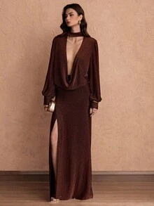 Islaluna 女式秋季常规肩长袖连衣裙，喇叭袖，开衩下摆，闪亮面料，休闲时尚风格 - 棕色 - 查看 3