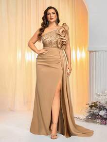 Glamrae Plus Size Beaded Patchwork Knit Fabric, Ruffle Hem, Sequin Decor, Green Asymmetric Shoulder Formal Evening Gown (Heavy Embellished) - Apricot - View 1