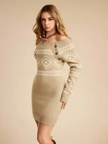 ROMWE Avant Vestido de Tricô de Manga Longa Ajustado com Ombros à Mostra e Estampa Geométrica para Mulheres - Damasco - Visão 4