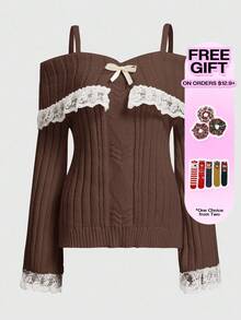 ROMWE Kawaii 女士时尚休闲蕾丝边吊带背心毛衣 - 棕色 - 查看 5