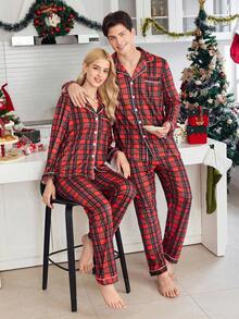2 pezzi Set pigiama natalizio a quadri comodo per tutta la famiglia, top a maniche lunghe e pantaloni, con bottoni, adatto per abbigliamento casual e da uscita, donna, outfit caldo, abbigliamento autunno inverno
