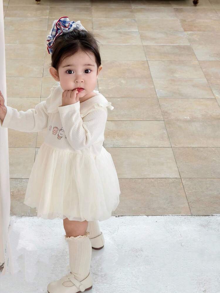 Toddler Girls' Peter Pan Collar Korean Style Cartoon Print Mesh Patchwork Casual Dress