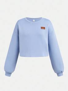 SHEIN 青少年女孩休闲宽松舒适圆领长袖短款连帽衫和裤子套装 - 淺藍色 - 查看 4