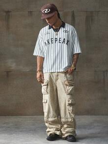 AXEPEAK AXEPEAK Casual Sports Baseball Polo Shirt, Letter Print, Color Block, Short Sleeve, Cropped, Men