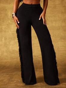 Vixey Black Fringe Detail Solid Knit Wide Leg Pants - Black - View 1