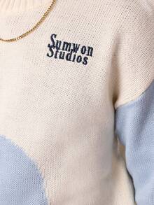 SUMWON Studios 拼色针织毛衣圆领长袖休闲冬季套头衫复古街头时尚青年针织衫 - 彩色 - 查看 4