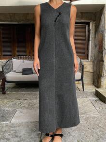 DAZY Women's Casual V-Neck Sleeveless Asymmetric Midi Dress, Solid Color, Autumn