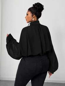 Maweii Áo sơ mi tay đèn lồng cổ đứng màu trơn thanh lịch cỡ lớn dành cho người đi làm - màu đen - Xem 6