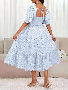 SHEIN Lady Váy dài vừa phải thêu rỗng màu trơn thanh lịch dành cho nữ - Màu xanh nhạt - Xem 2