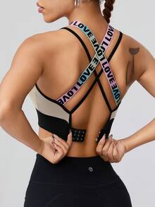 SHEIN Sports Sexy Criss-Cross Back Letter Print Racerback Sports Bra With Adjustable Clasp - Beige - View 1