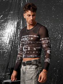 FeverCity Men Fashionable Mesh Patterned Fitted Casual Daily T-Shirt, Fall