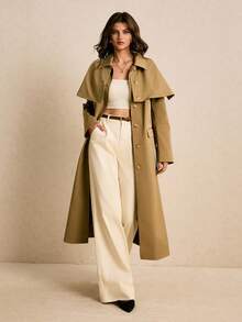 Poéselle 女士披肩式系带风衣 – 卡其色长款防风衣，轻松打造秋春叠穿造型。披肩式风衣，卡其色风衣，女士系带长款风衣，简约外套，低调奢华时尚，秋季必备胶囊衣橱单品。女士纯色口袋纽扣系带长袖风衣，适合冬季和圣诞节穿着。 - 卡其色 - 查看 7