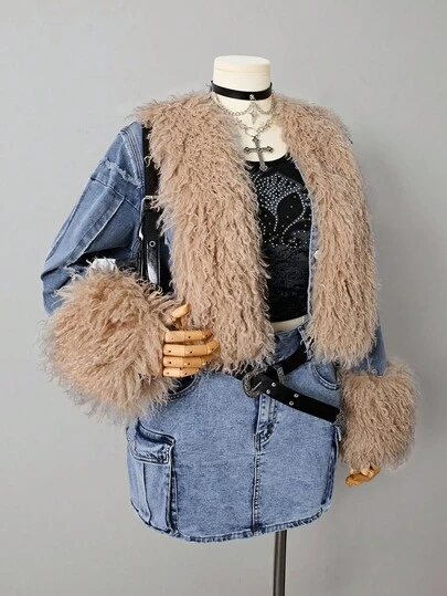 Sunspun Plus Size Women Cowgirl Blue Denim Elastic Sexy Faux Fur Collar Fitted Jacket, Rodeo Outfits