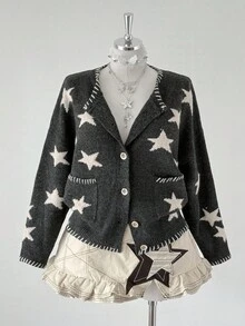 Sunspun Vintage Color Block Star Pattern Soft & Loose Crew Neck Long Sleeve Knit Cardigan Sweater, Autumn/Winter - Multicolor - View 5