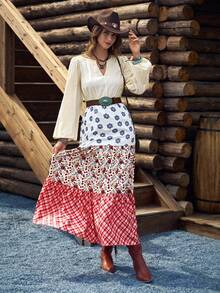 SHEIN LUNE Gaun Panjang Wanita Lengan Lentera Motif Patchwork - MultiWarna - View 5