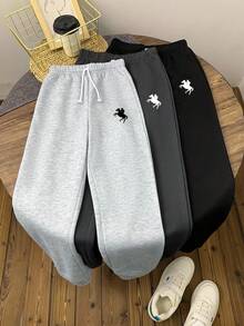 SHEIN 3 件套青少年女孩休闲运动慢跑裤，字母印花，黑色、白色、深灰色，街头风格运动裤 - 彩色 - 查看 2