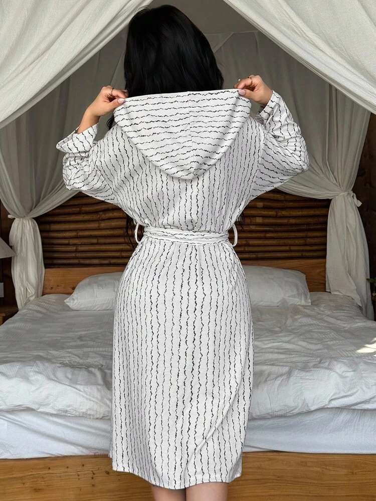 Minimalist Striped Pattern Hooded Mid-Length Women Belted Bathrobe, Fall Pajama