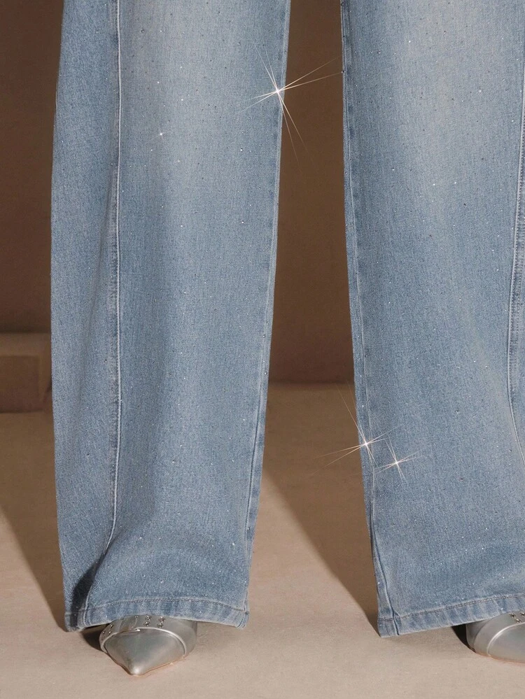 Women's Drawstring Waist Pockets Rhinestone Washed Blue Straight Leg Jeans
