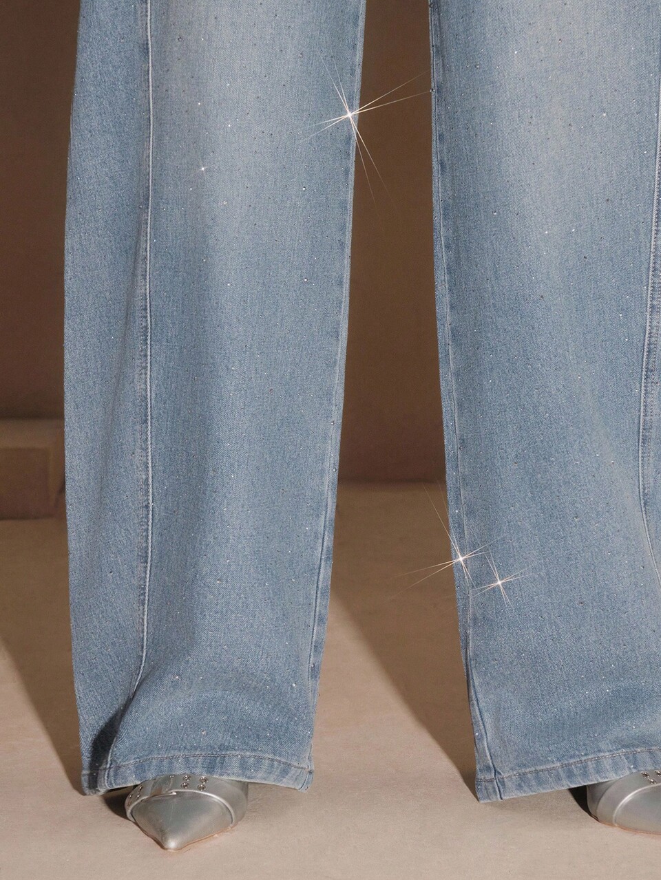 Women's Drawstring Waist Pockets Rhinestone Washed Blue Straight Leg Jeans