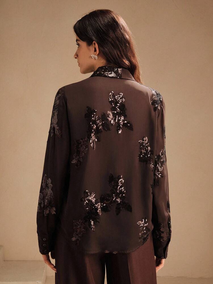 French Elegant Rose Beaded Embroidery Semi-Sheer Blouse Women Shirt