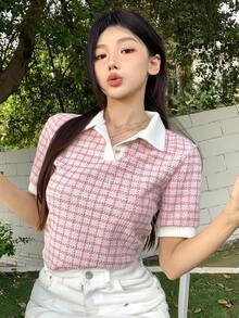 DAZY Camiseta de polo de manga corta con bloqueo de color y ribete decorativo a cuadros